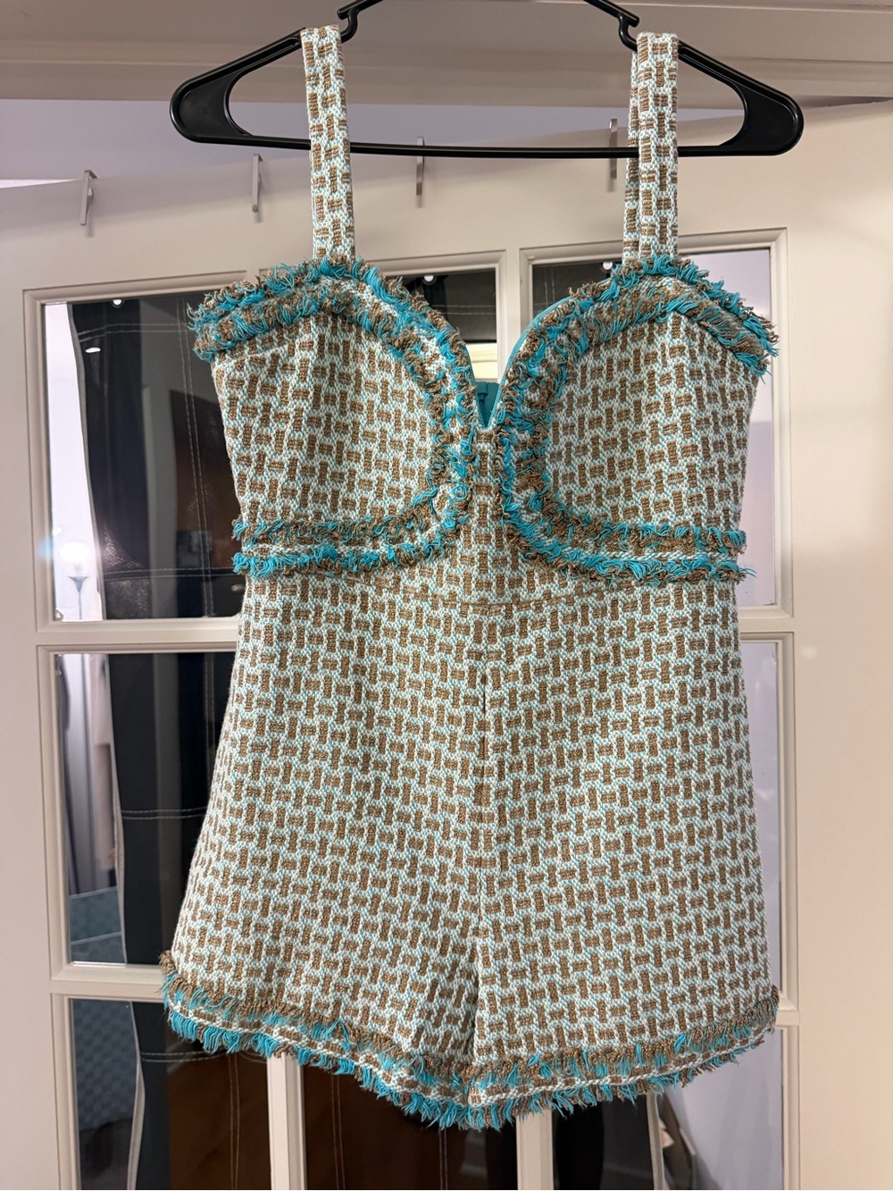 Alexis Aqua and Beige Tweed Bustier Romper